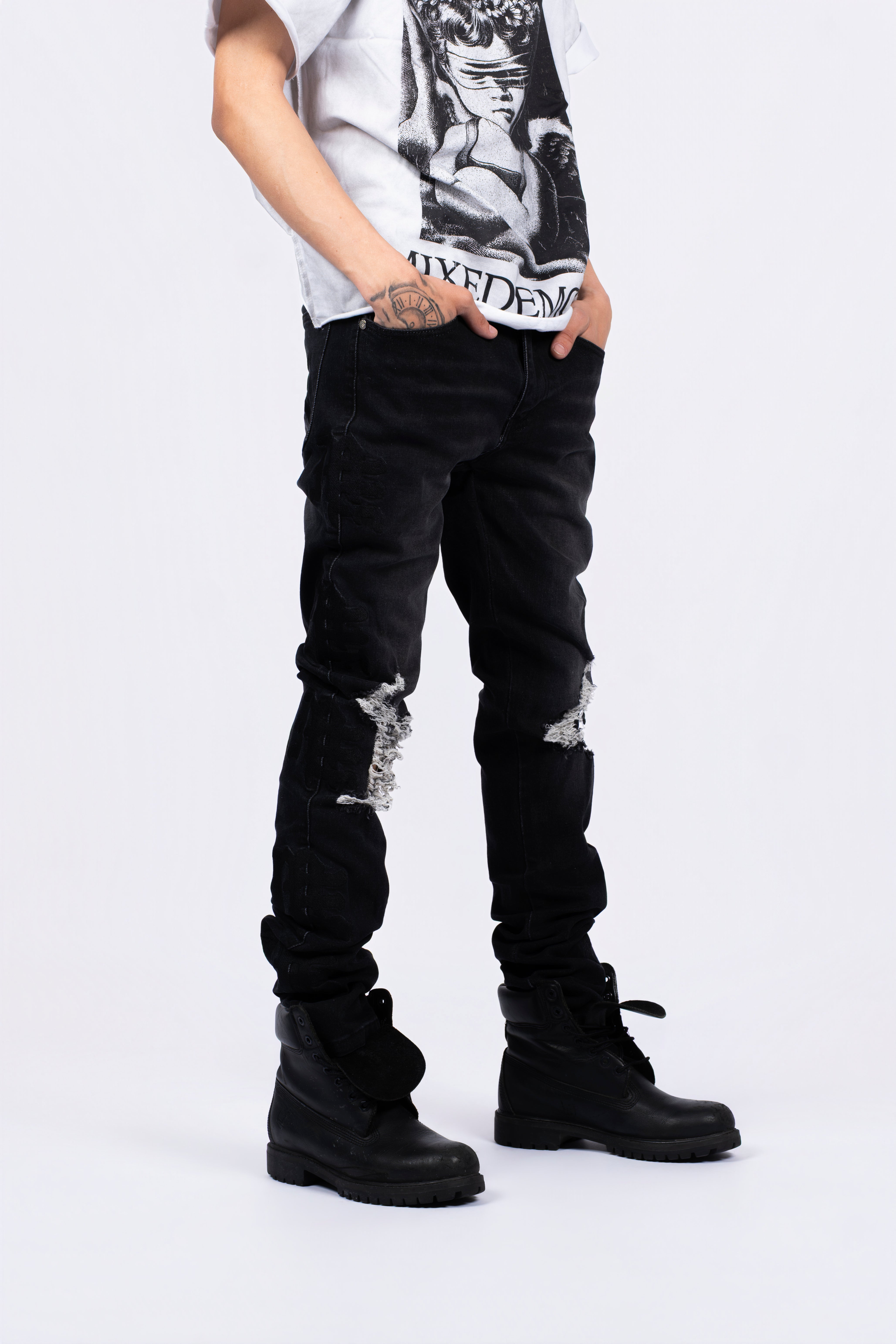 Y2K Street Style Black Wash Distressed Straight‑Fit Destroyed Denim Pants