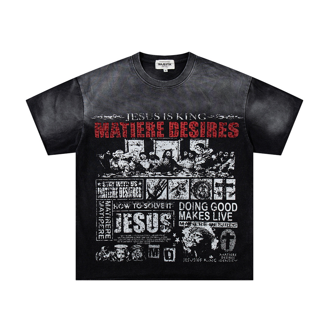 Black Washed Vintage Text Collage Double‑Sided Graphic Band‑Style T‑Shirt