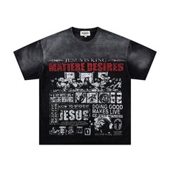 Black Washed Vintage Text Collage Double‑Sided Graphic Band‑Style T‑Shirt