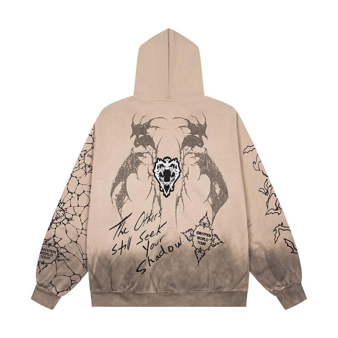 Vintage Gradient Wolf Graphic Full‑Zip Hoodie