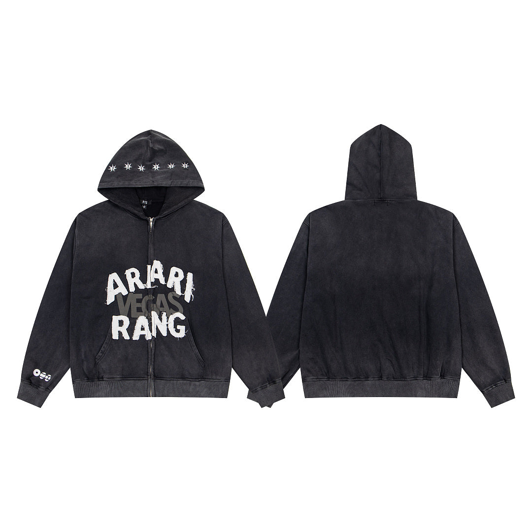 Vintage Black ARARI RANG Letter Print Full‑Zip Hoodie
