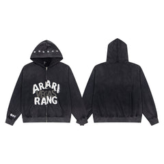 Vintage Black ARARI RANG Letter Print Full‑Zip Hoodie