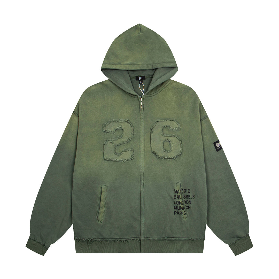 Vintage Olive Green Number 26 Embroidery Full‑Zip Hoodie