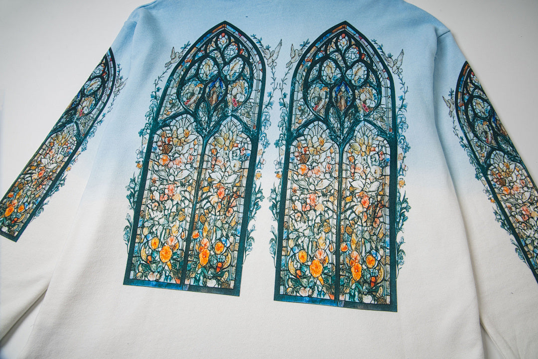 Vintage Blue‑White Gradient Church Stained‑Glass Tapestry Full‑Zip Hoodie