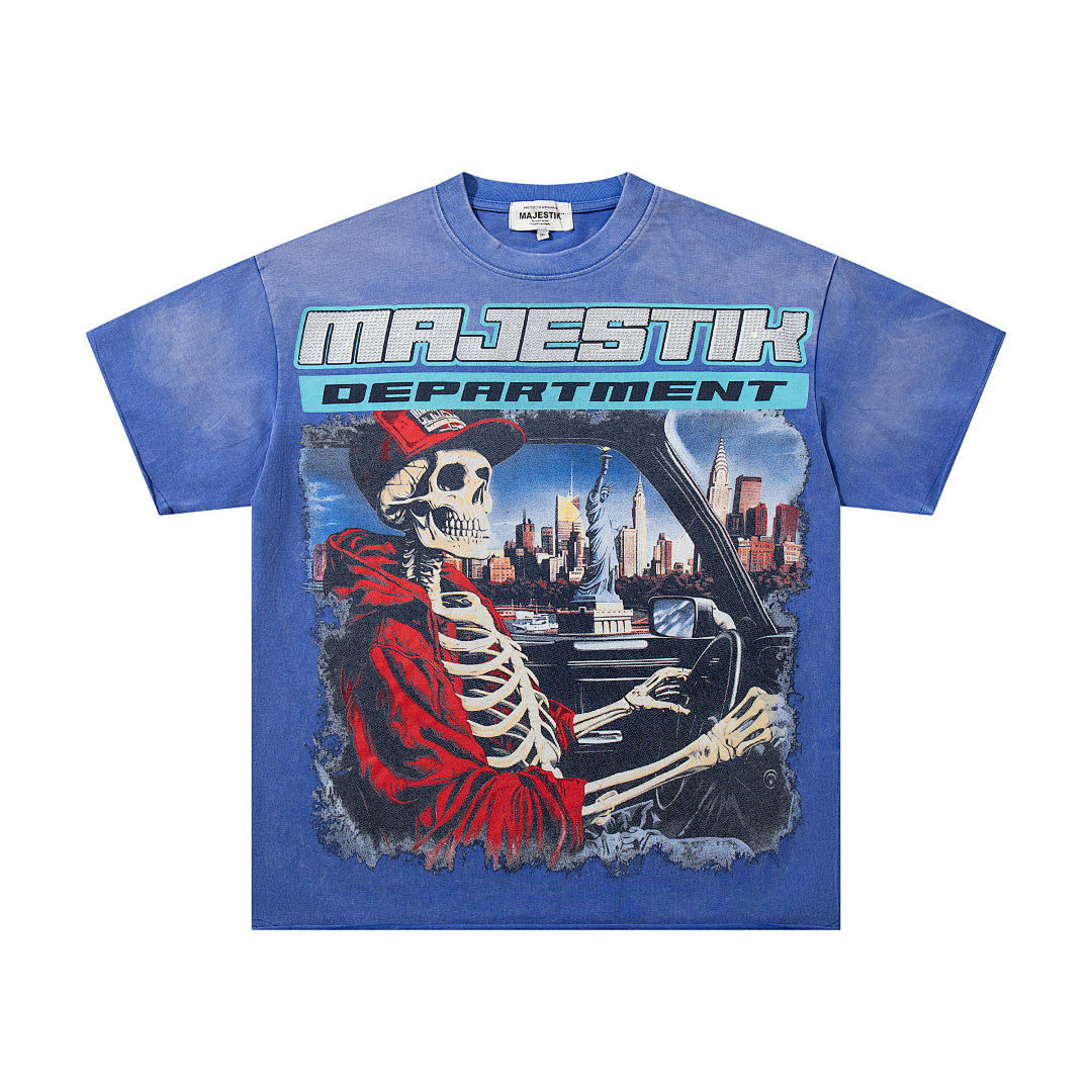 Blue Washed Vintage Skeleton City Tour Graphic Band‑Style T‑Shirt