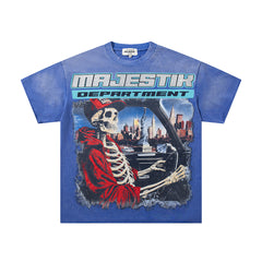 Blue Washed Vintage Skeleton City Tour Graphic Band‑Style T‑Shirt