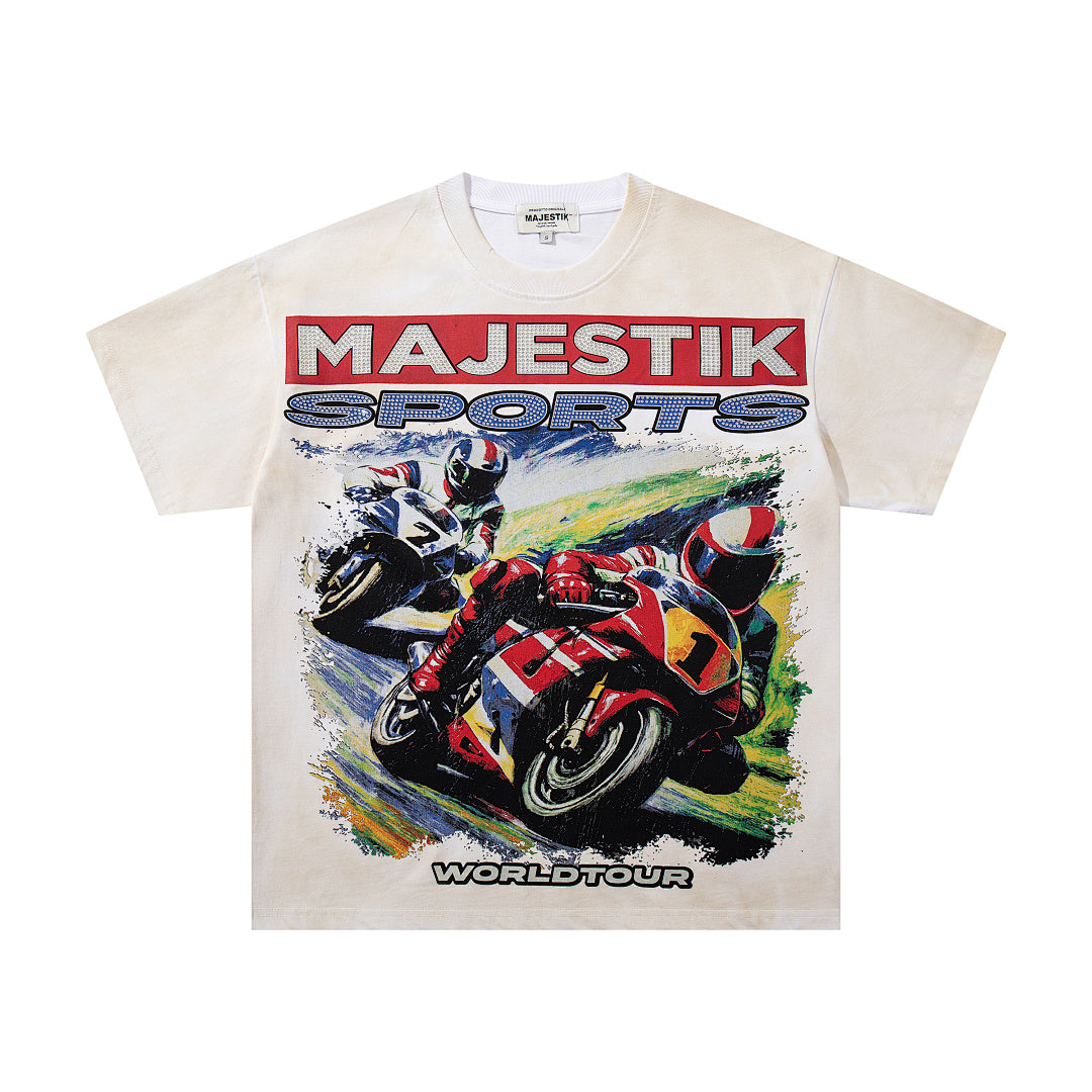 Off‑White Washed Vintage Motorcycle Racing Graphic Band‑Style T‑Shirt