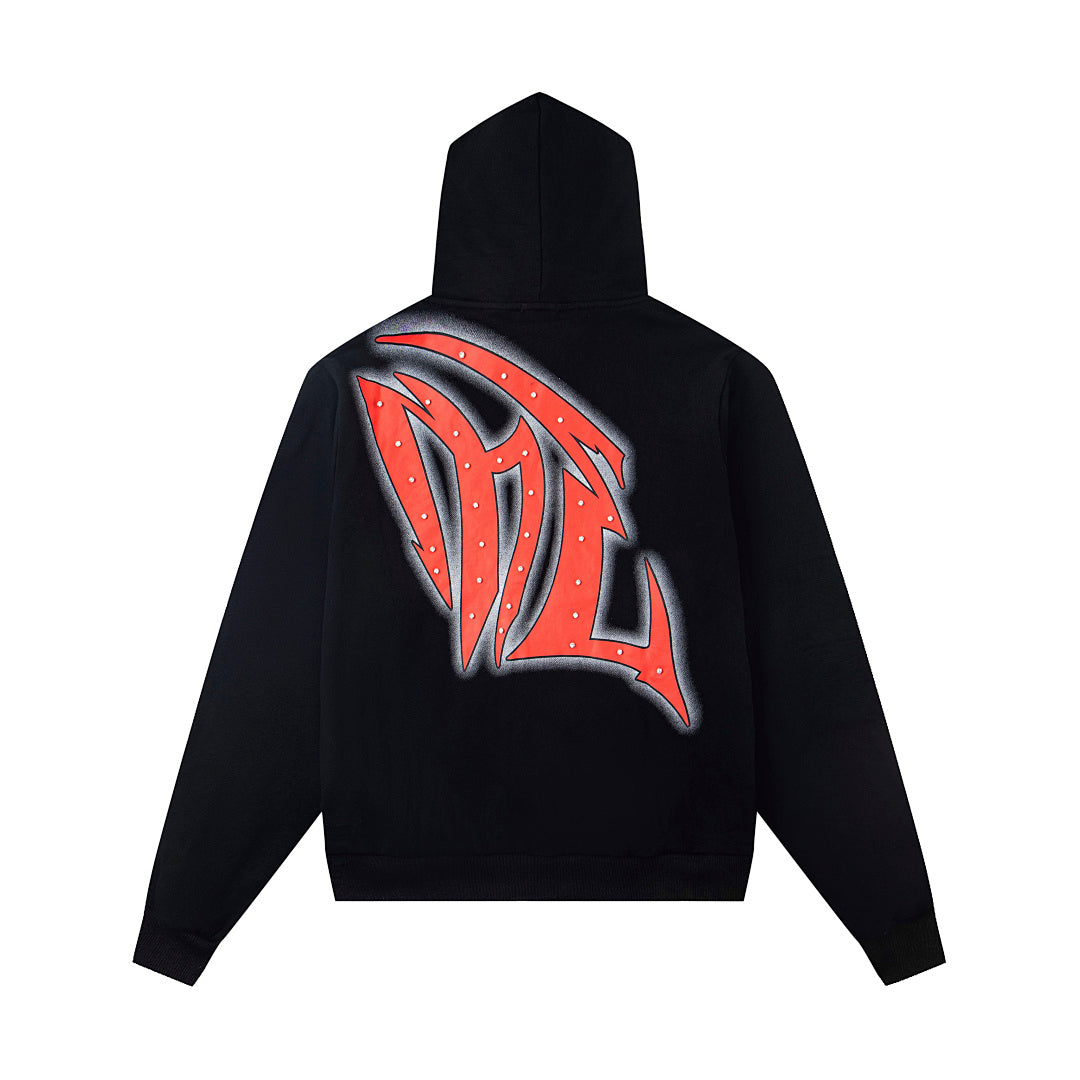 Retro Dark Print Zip‑Up Hooded Jacket Hip‑Hop Urban Street Outerwear