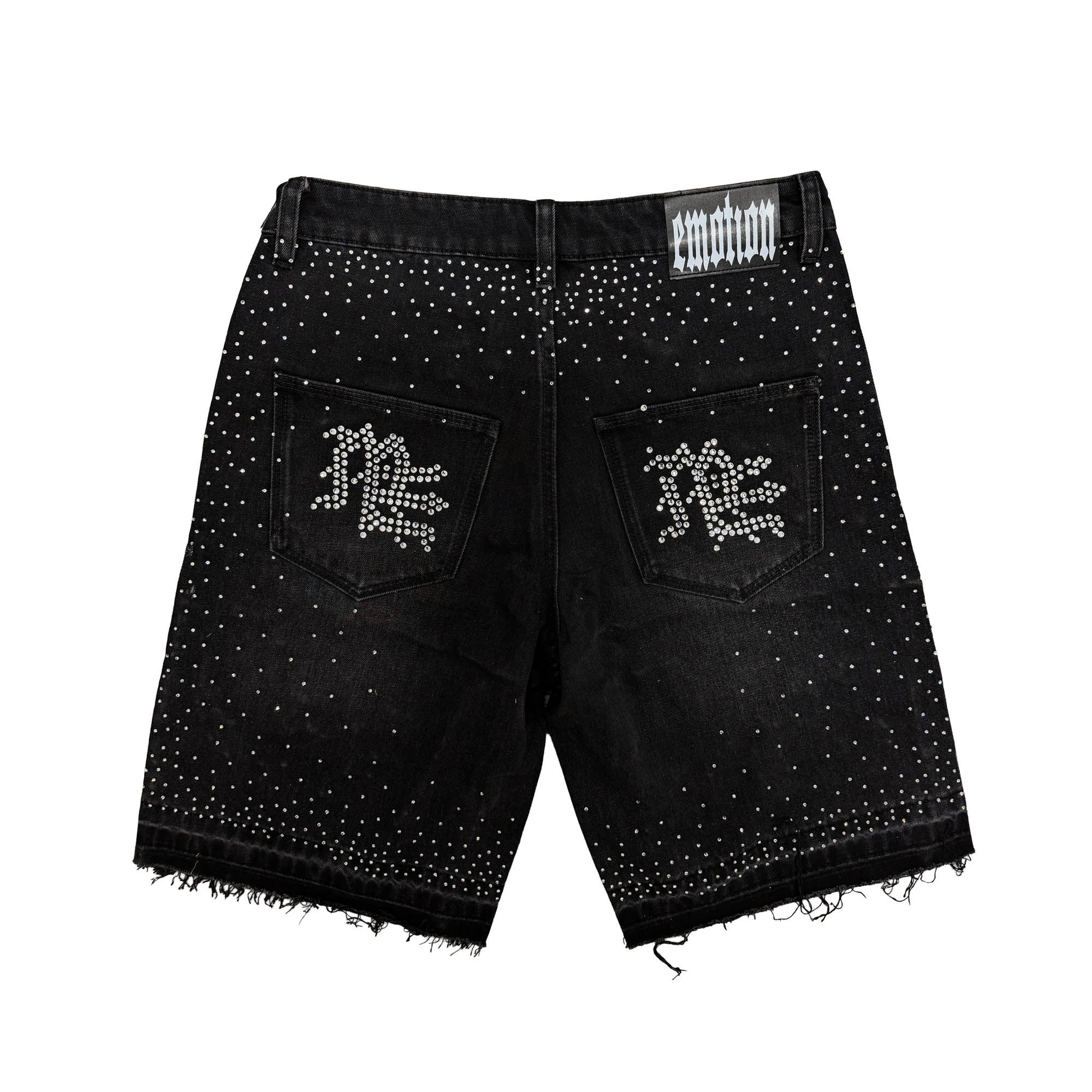 Sparkly Rhinestone Letter Print Denim Shorts Black Frayed Hem Loose Fit Street‑wear Shorts