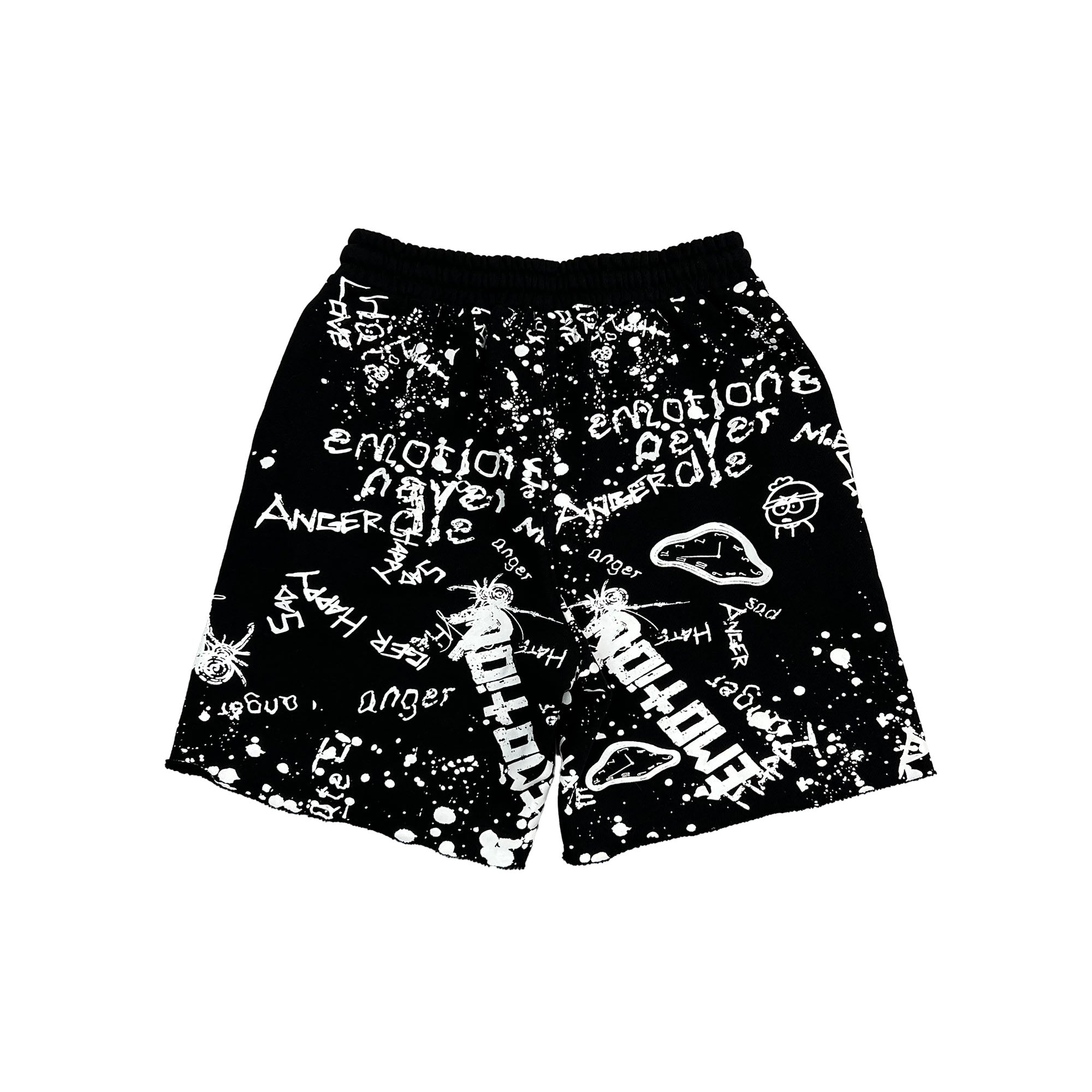 Vintage Scribble Emotion Print Casual Shorts Black Elastic Waist Street‑wear Shorts