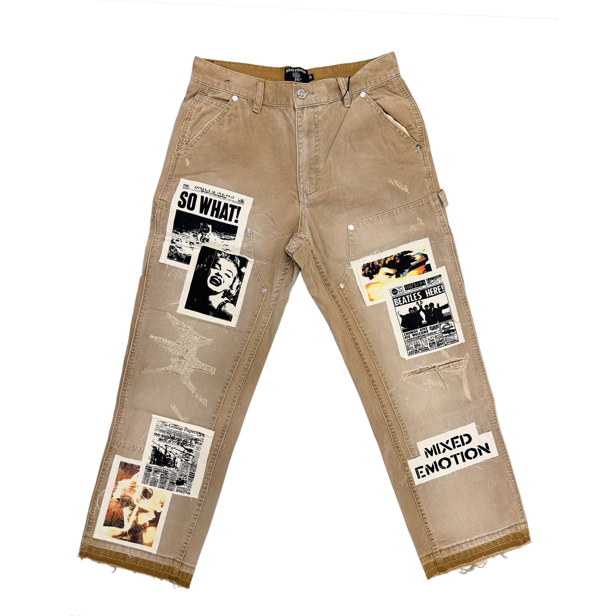 Vintage Collage Patch Raw Hem Cropped Denim Streetwear Pants