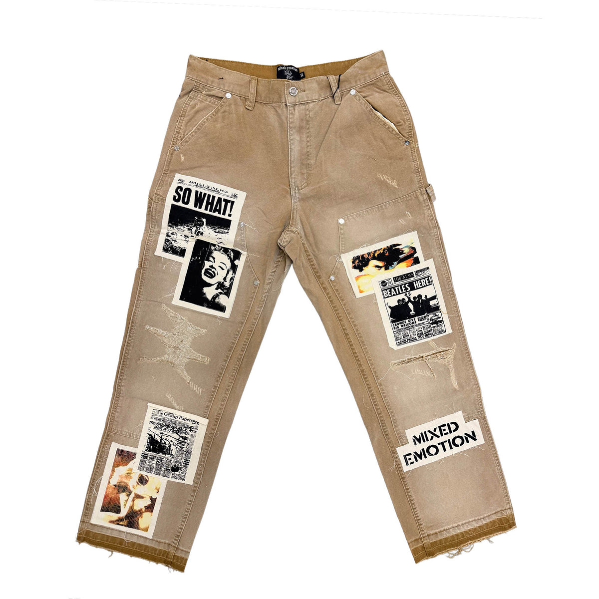Vintage Collage Patch Raw Hem Cropped Denim Streetwear Pants