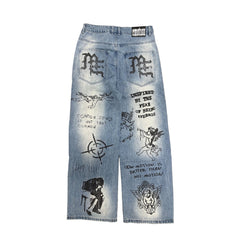 Graphic Printed Baggy Wide Leg Jeans Vintage Washed Street‑wear Denim Pants