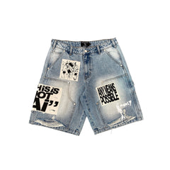 Vintage Wash Art Patch Graphic Baggy Denim Shorts Urban Street‑wear Jorts