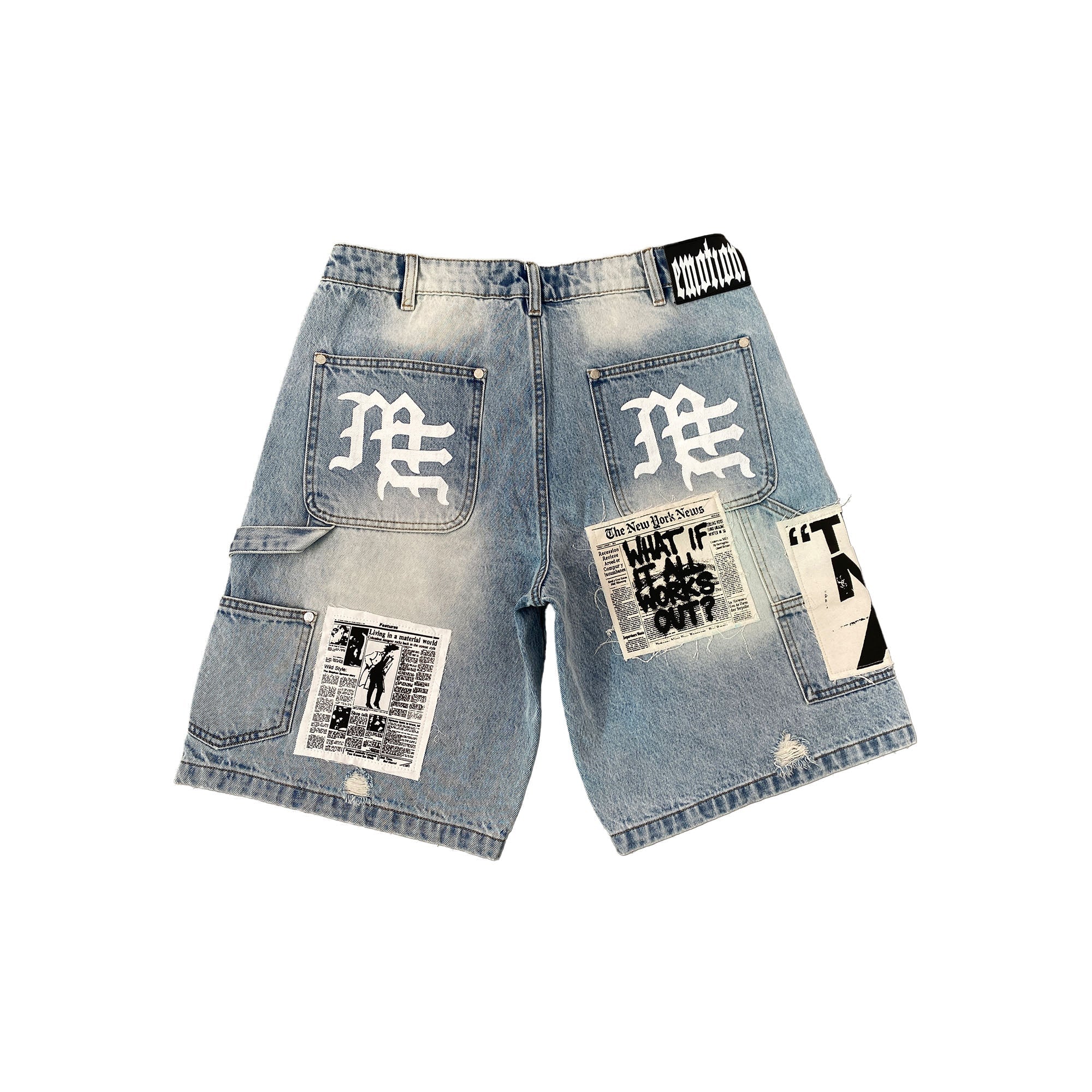 Vintage Wash Art Patch Graphic Baggy Denim Shorts Urban Street‑wear Jorts