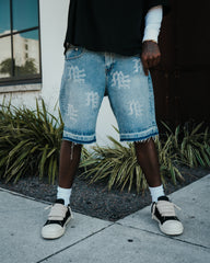Y2K Street Style All‑Over Graphic Raw Edge Denim Shorts