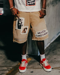 Vintage Patchwork Graphic Raw Hem Denim Streetwear Shorts