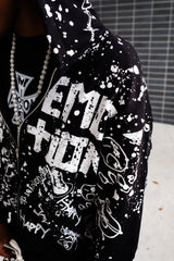 Vintage Graffiti Emotion Print Zip‑Up Hoodie Loose Fit Black Street‑wear Hooded Sweatshirt