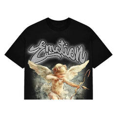Emotion Angel Vintage Print T‑Shirt Black Boxy‑Fit Casual Street‑wear Short Sleeve Top