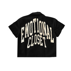 Retro Letter Print Camp Collar Button‑Down Shirt Men Street Casual Shirt