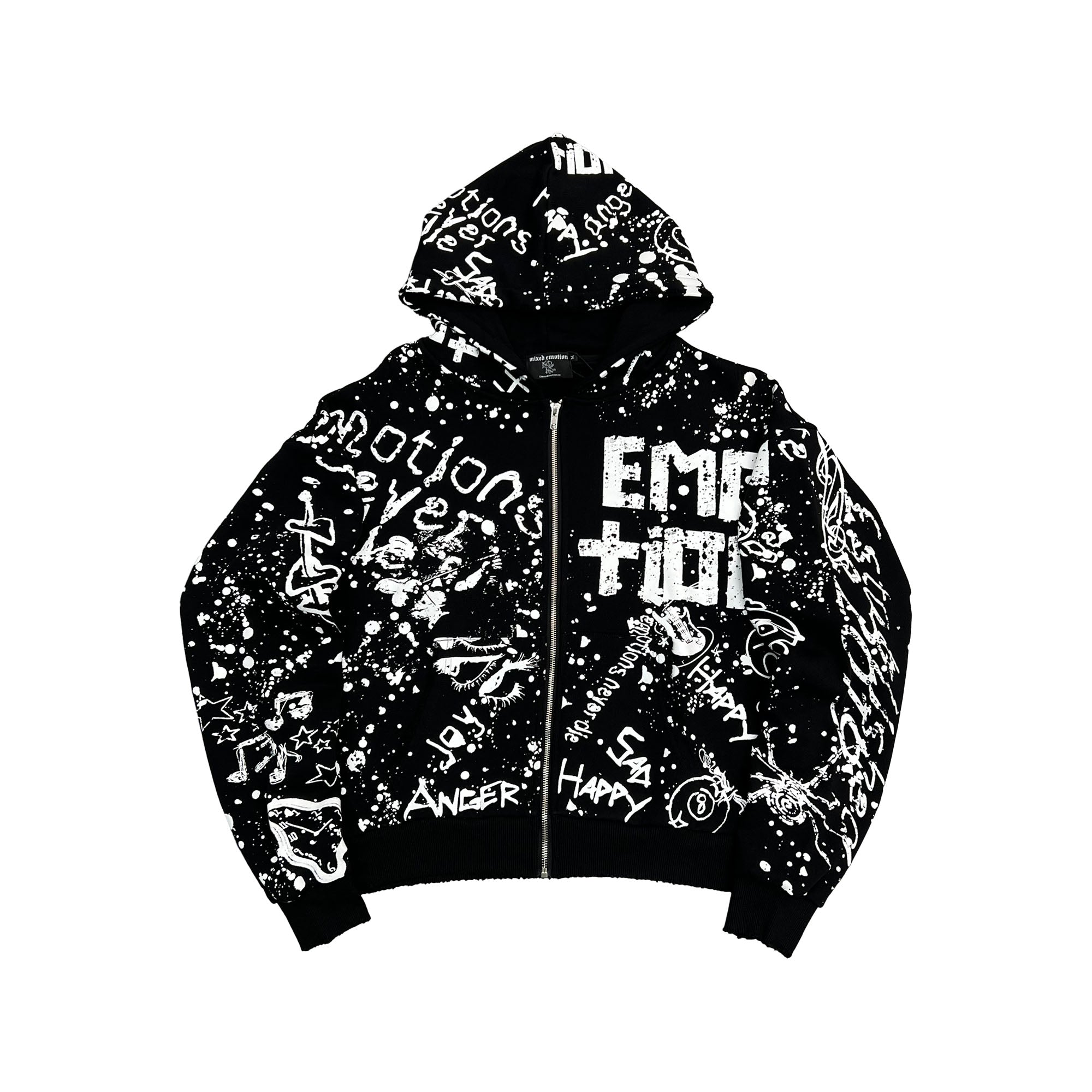 Vintage Graffiti Emotion Print Zip‑Up Hoodie Loose Fit Black Street‑wear Hooded Sweatshirt