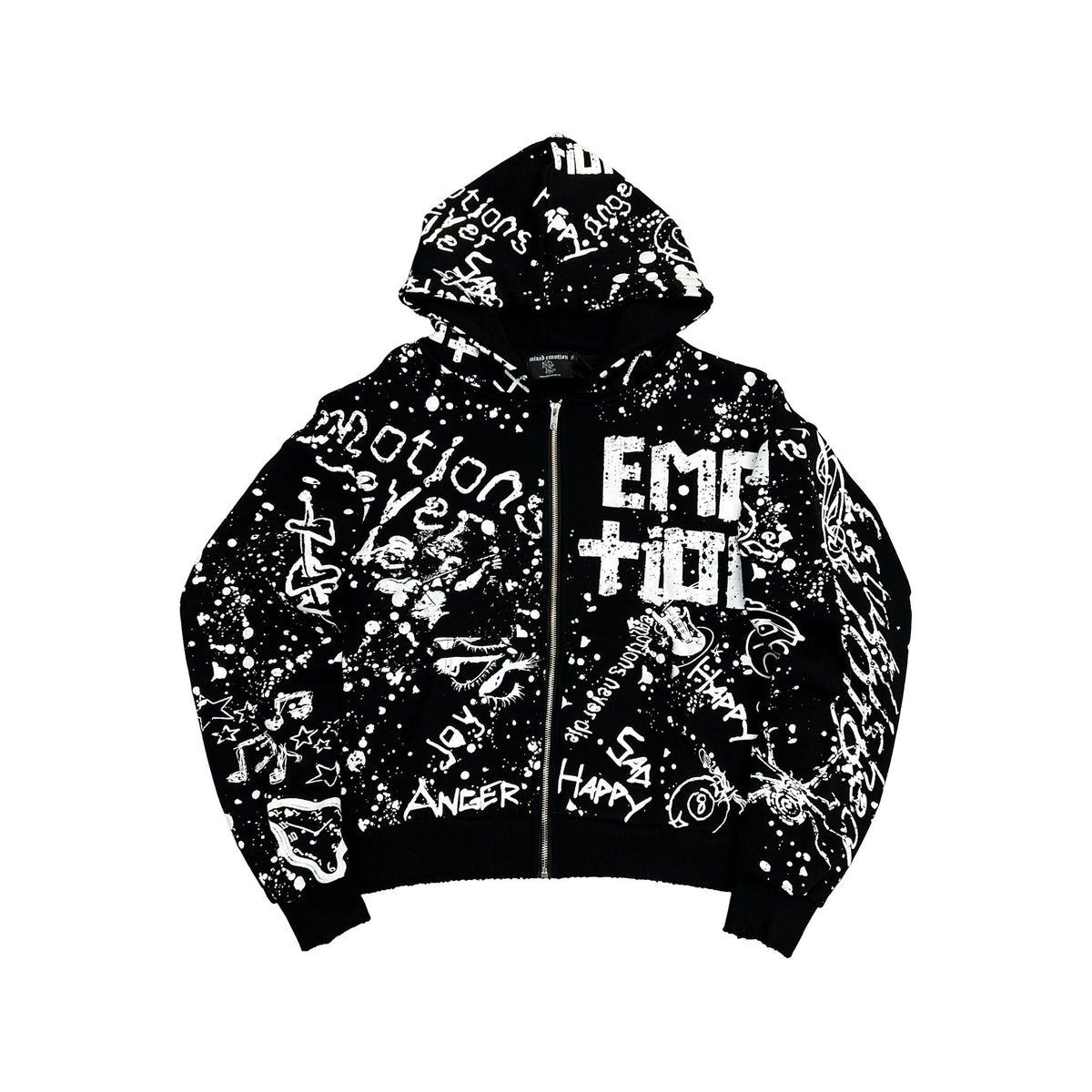 Vintage Graffiti Emotion Print Zip‑Up Hoodie Loose Fit Black Street‑wear Hooded Sweatshirt