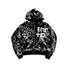 Vintage Graffiti Emotion Print Zip‑Up Hoodie Loose Fit Black Street‑wear Hooded Sweatshirt