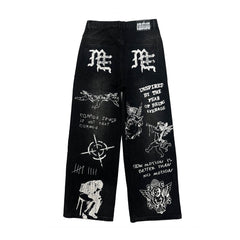 Vintage Gothic Graffiti Printed Wide Leg Baggy Denim Jeans for Men