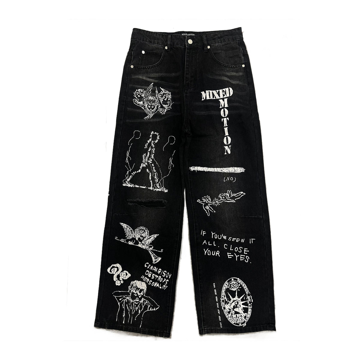 Vintage Gothic Graffiti Printed Wide Leg Baggy Denim Jeans for Men