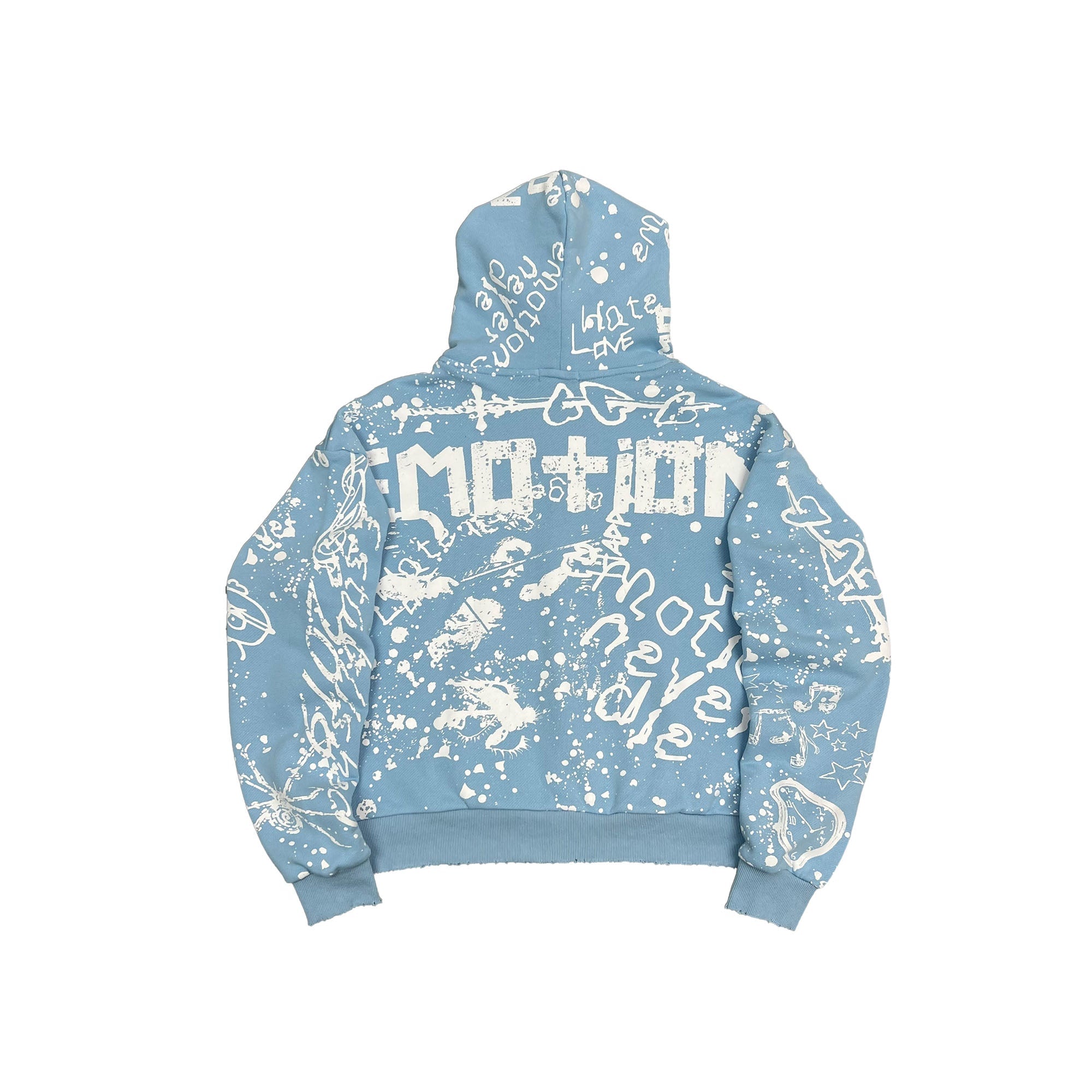 All‑Over Printed Light Blue Zip‑Up Hoodie Casual Oversized Street‑wear Hooded Jacket