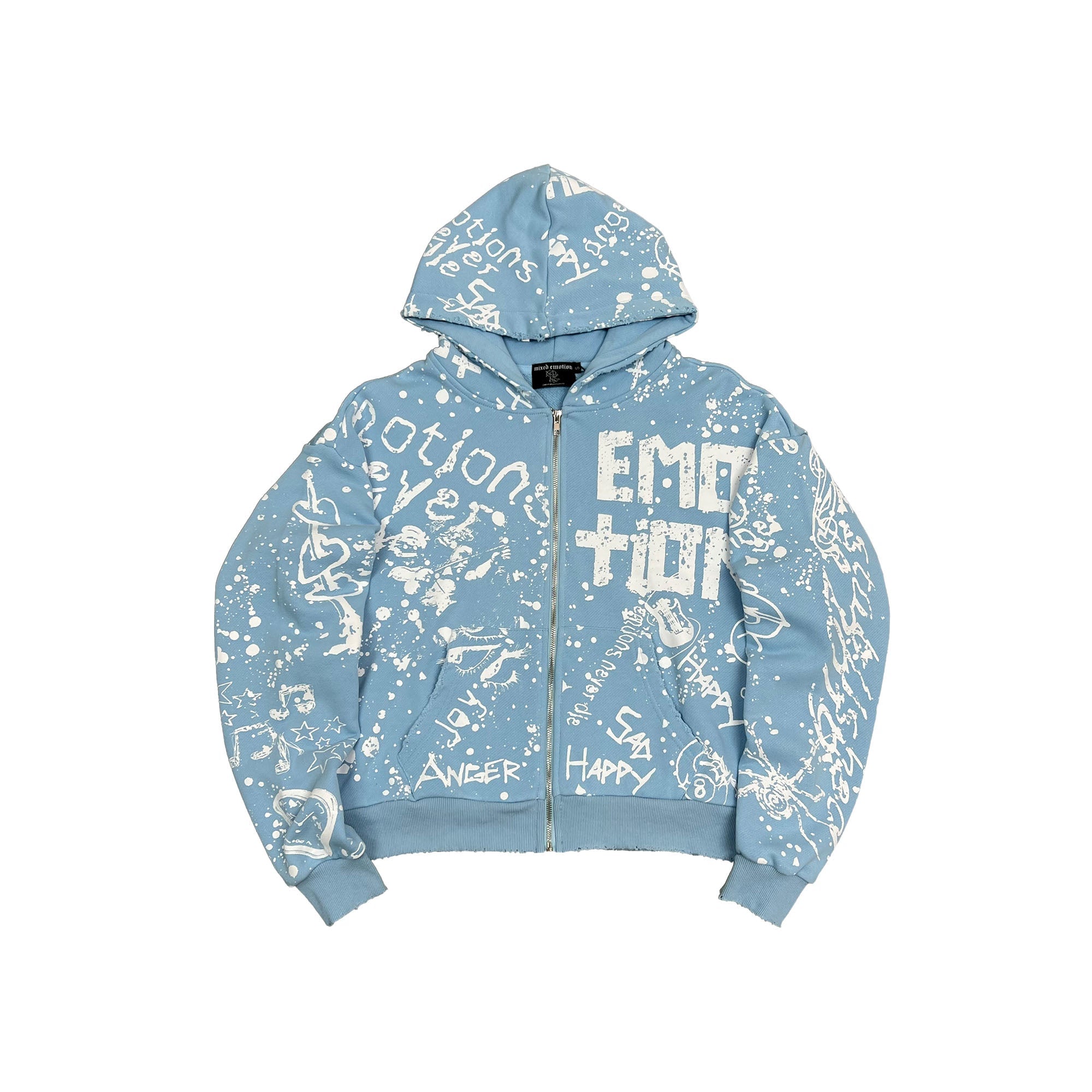All‑Over Printed Light Blue Zip‑Up Hoodie Casual Oversized Street‑wear Hooded Jacket