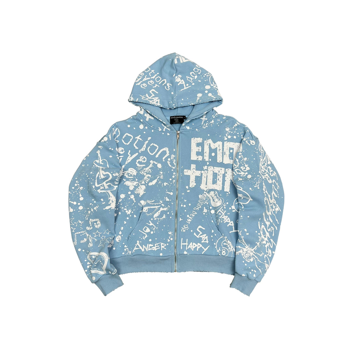 All‑Over Printed Light Blue Zip‑Up Hoodie Casual Oversized Street‑wear Hooded Jacket