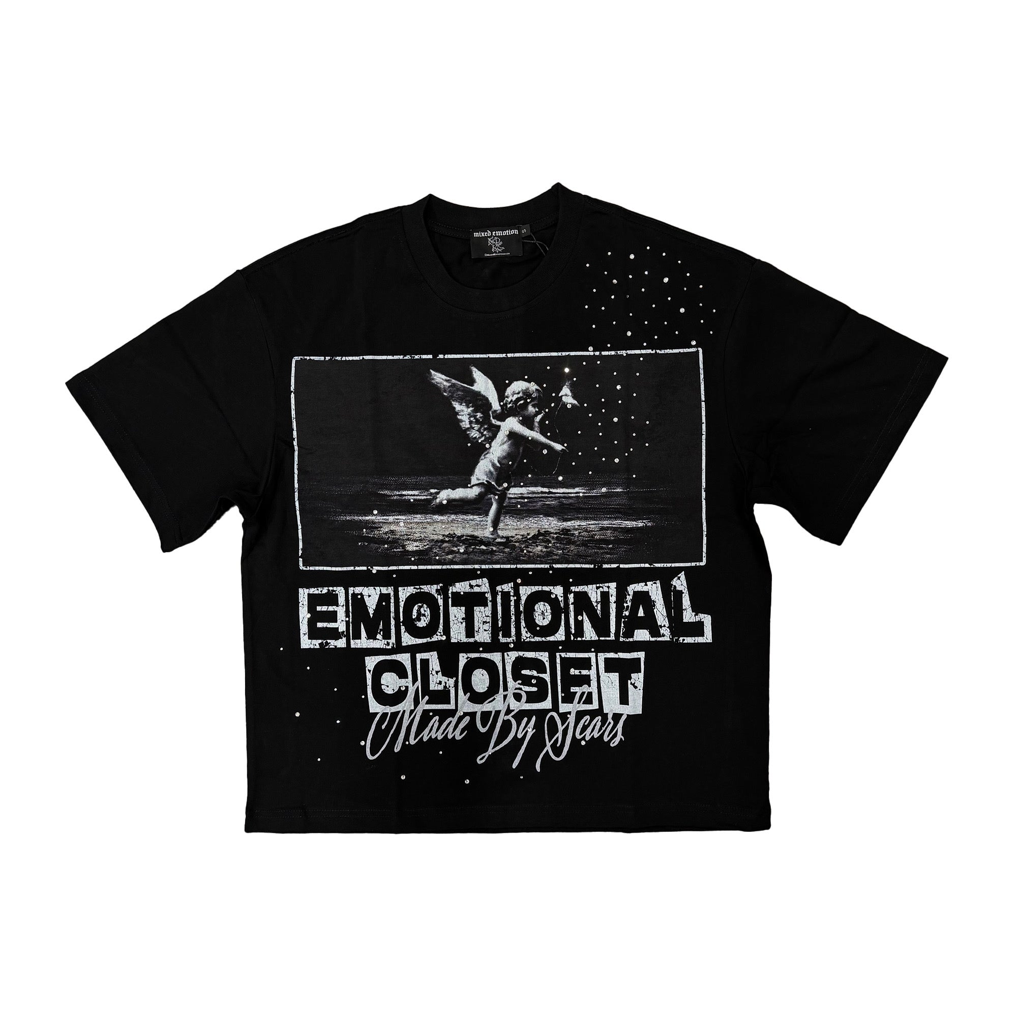 Emotional Closet Angel Retro Print T‑Shirt Black Boxy Fit Casual Street‑wear Short Sleeve Top
