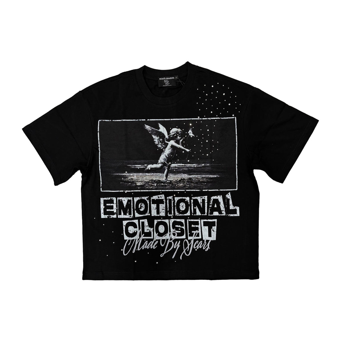Emotional Closet Angel Retro Print T‑Shirt Black Boxy Fit Casual Street‑wear Short Sleeve Top