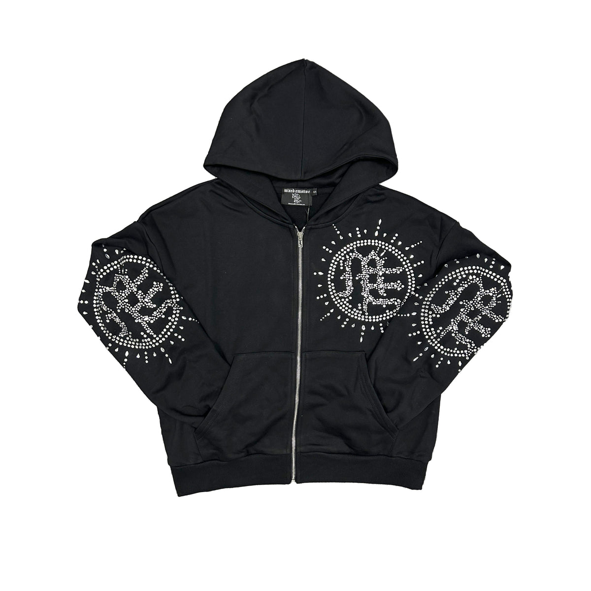 Black Rhinestone Graphic Full Zip Hoodie Men Streetwear Zip‑Up Hooded Sweatshirt