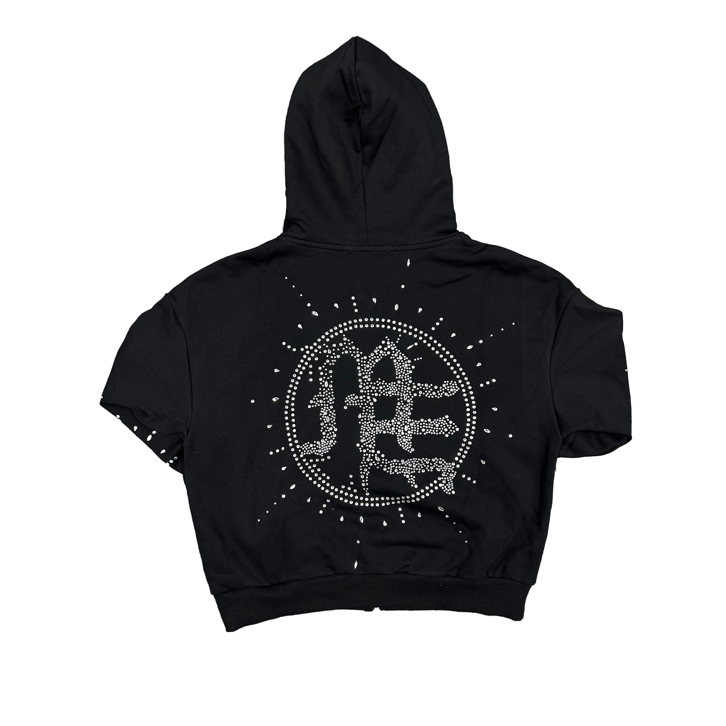 Black Rhinestone Graphic Full Zip Hoodie Men Streetwear Zip‑Up Hooded Sweatshirt