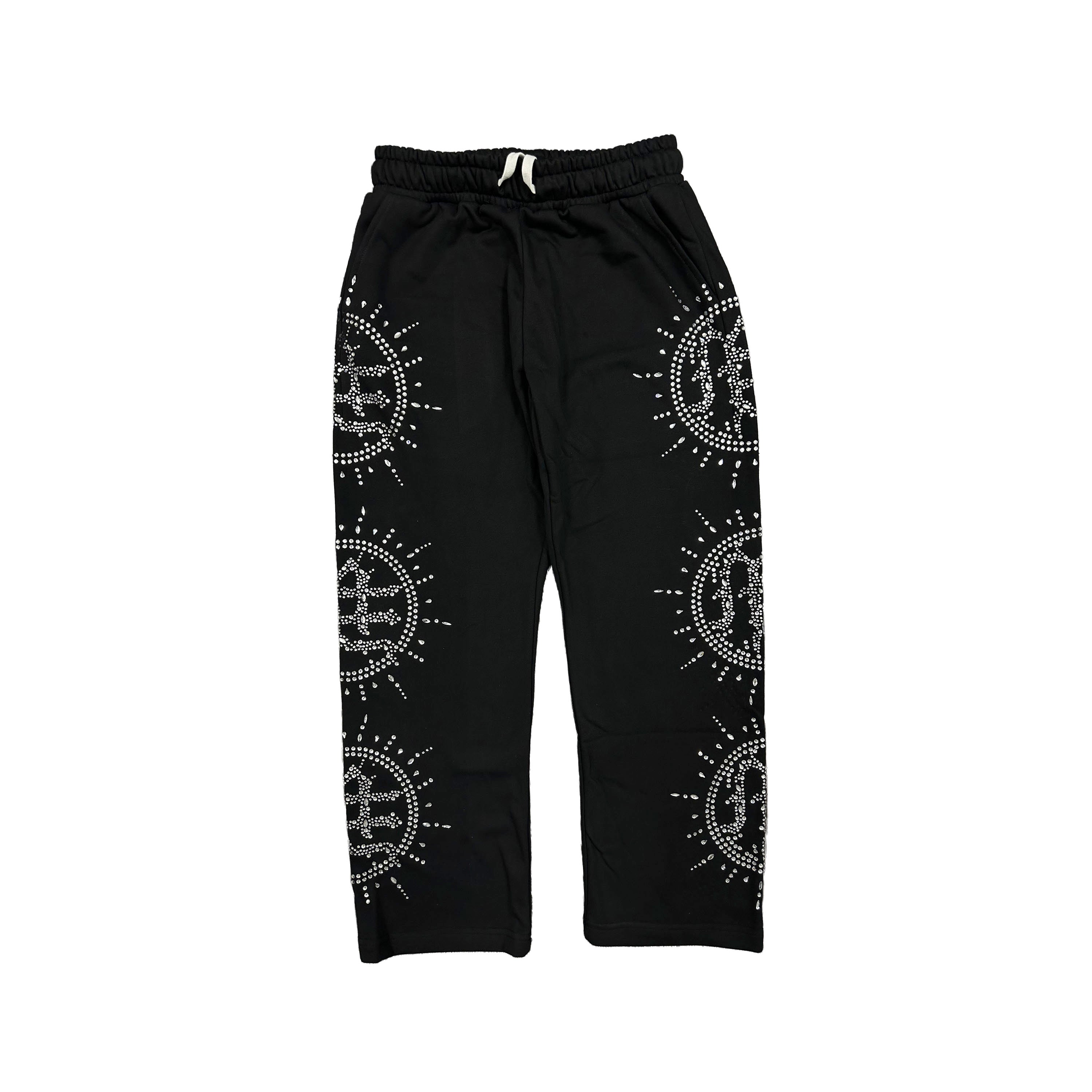 Black Rhinestone Graphic Sweat Pants Men Streetwear Loose Wide Leg Trousers