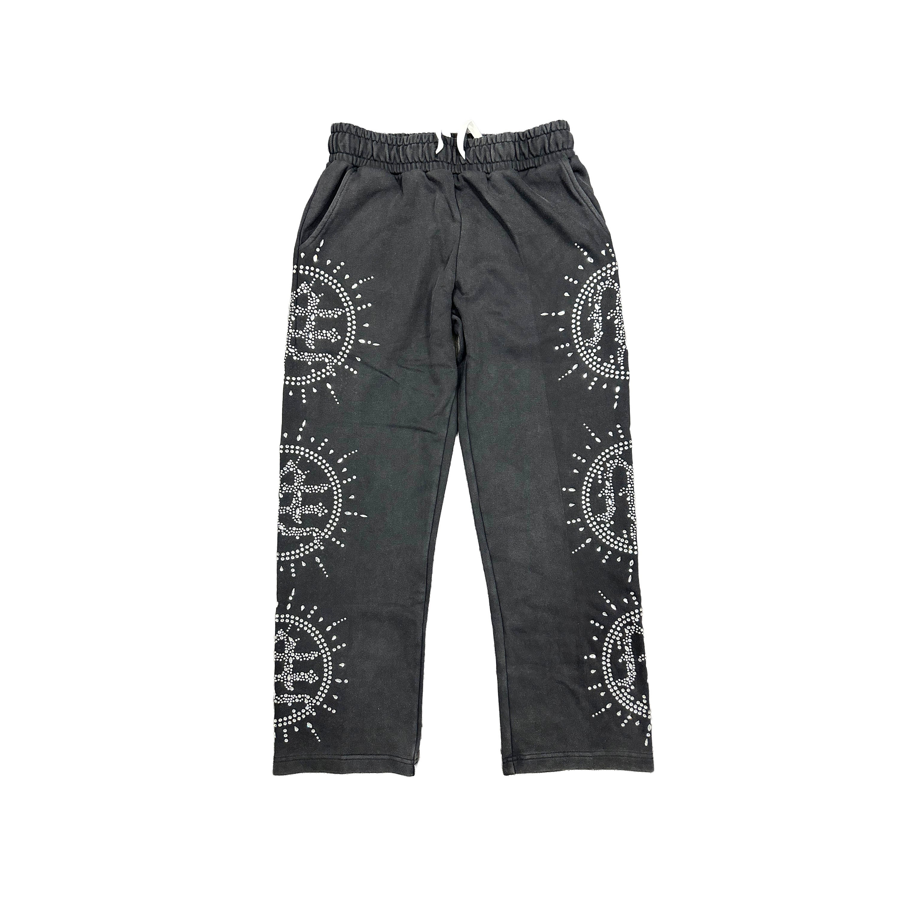 Acid Washed Black Graphic Wide Leg Sweat Pants Men Vintage Streetwear Trousers