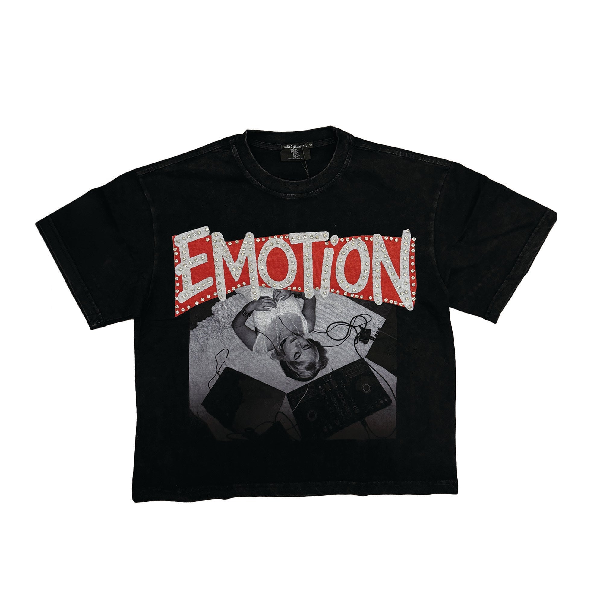 EMOTION Retro Portrait Graphic T‑Shirt Black Boxy Fit Casual Street‑wear Short Sleeve Top