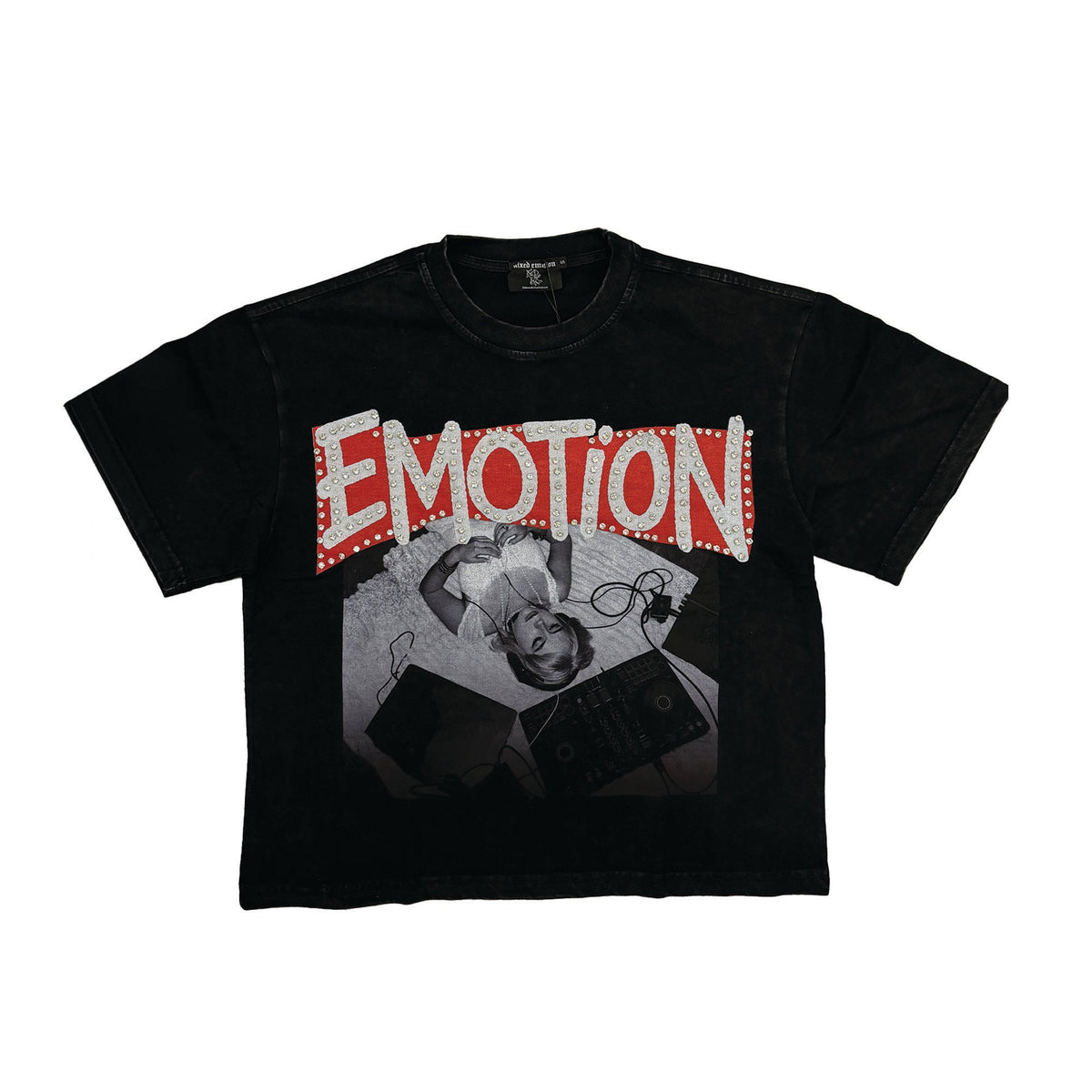 EMOTION Retro Portrait Graphic T‑Shirt Black Boxy Fit Casual Street‑wear Short Sleeve Top