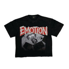 EMOTION Retro Portrait Graphic T‑Shirt Black Boxy Fit Casual Street‑wear Short Sleeve Top
