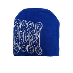 Bling Rhinestone EMOT Logo Knit Beanie Royal Blue Y2K Street‑wear Skull Cap