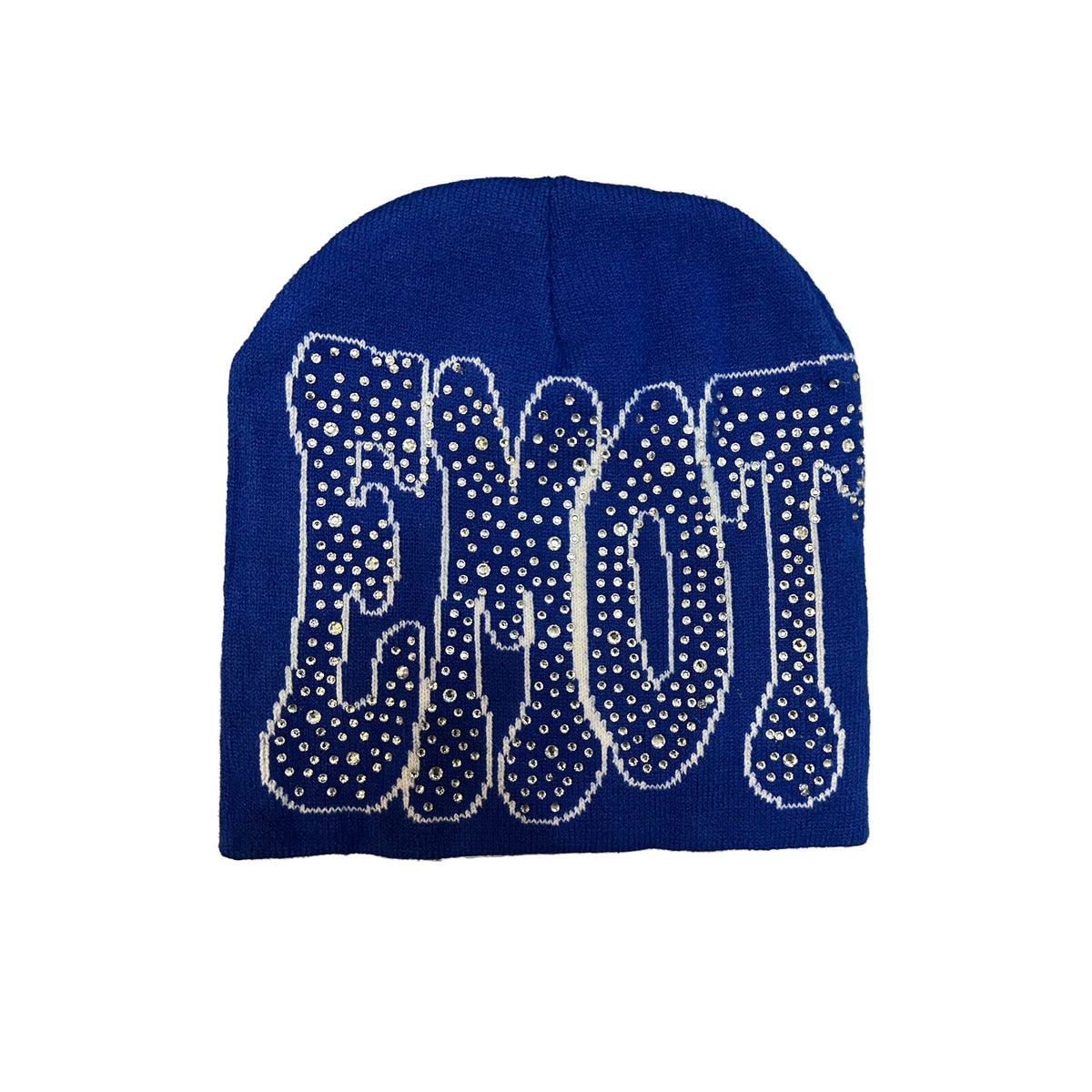 Bling Rhinestone EMOT Logo Knit Beanie Royal Blue Y2K Street‑wear Skull Cap