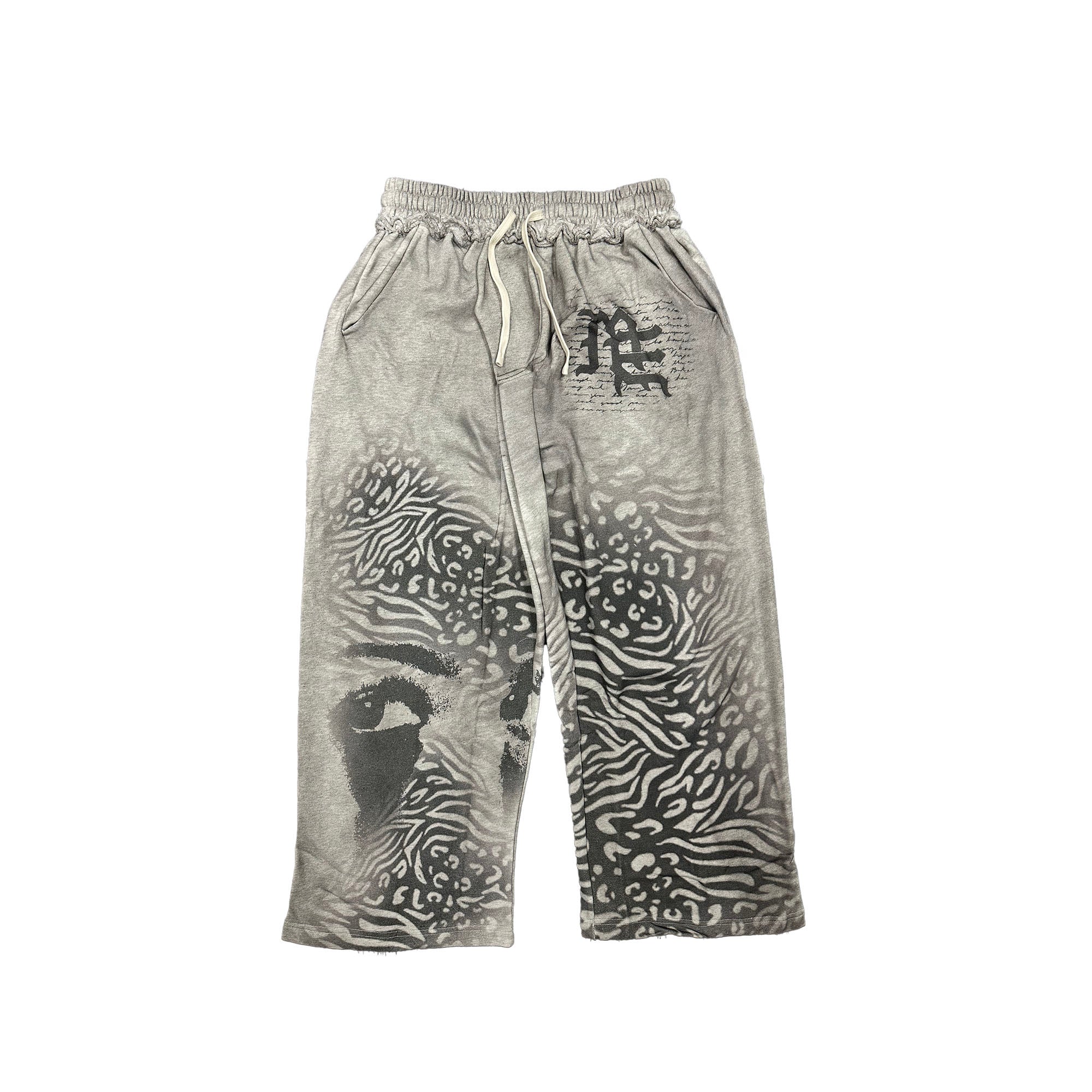 Washed Grey Abstract Graphic Wide Leg Sweat Pants Men Streetwear Loose Trousers
