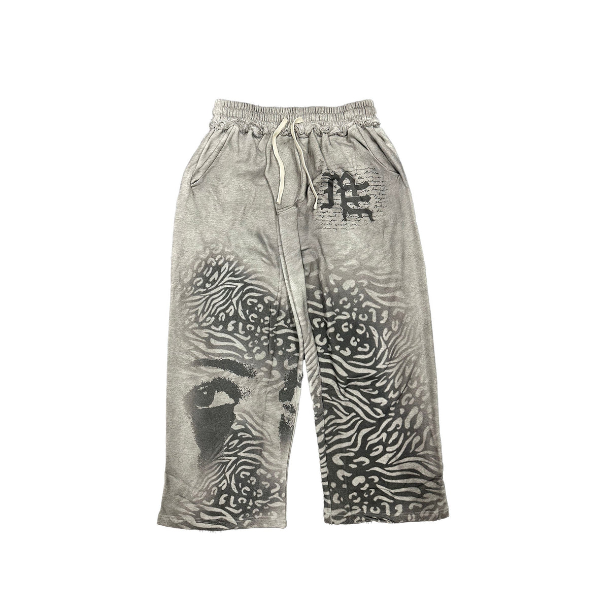 Washed Grey Abstract Graphic Wide Leg Sweat Pants Men Streetwear Loose Trousers