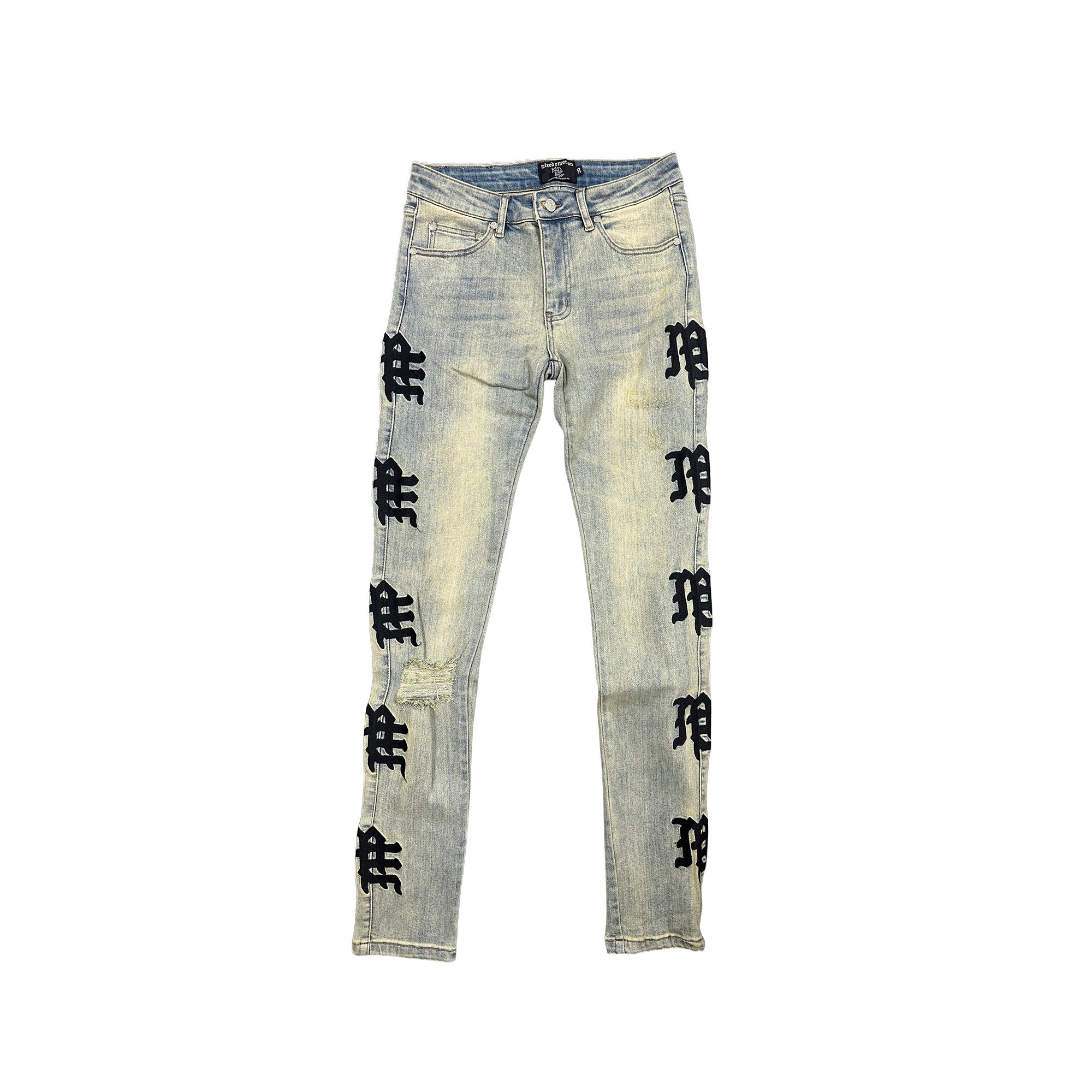 Y2K Street Style Yellow Washed Graphic Straight‑Fit Distressed Denim Pants