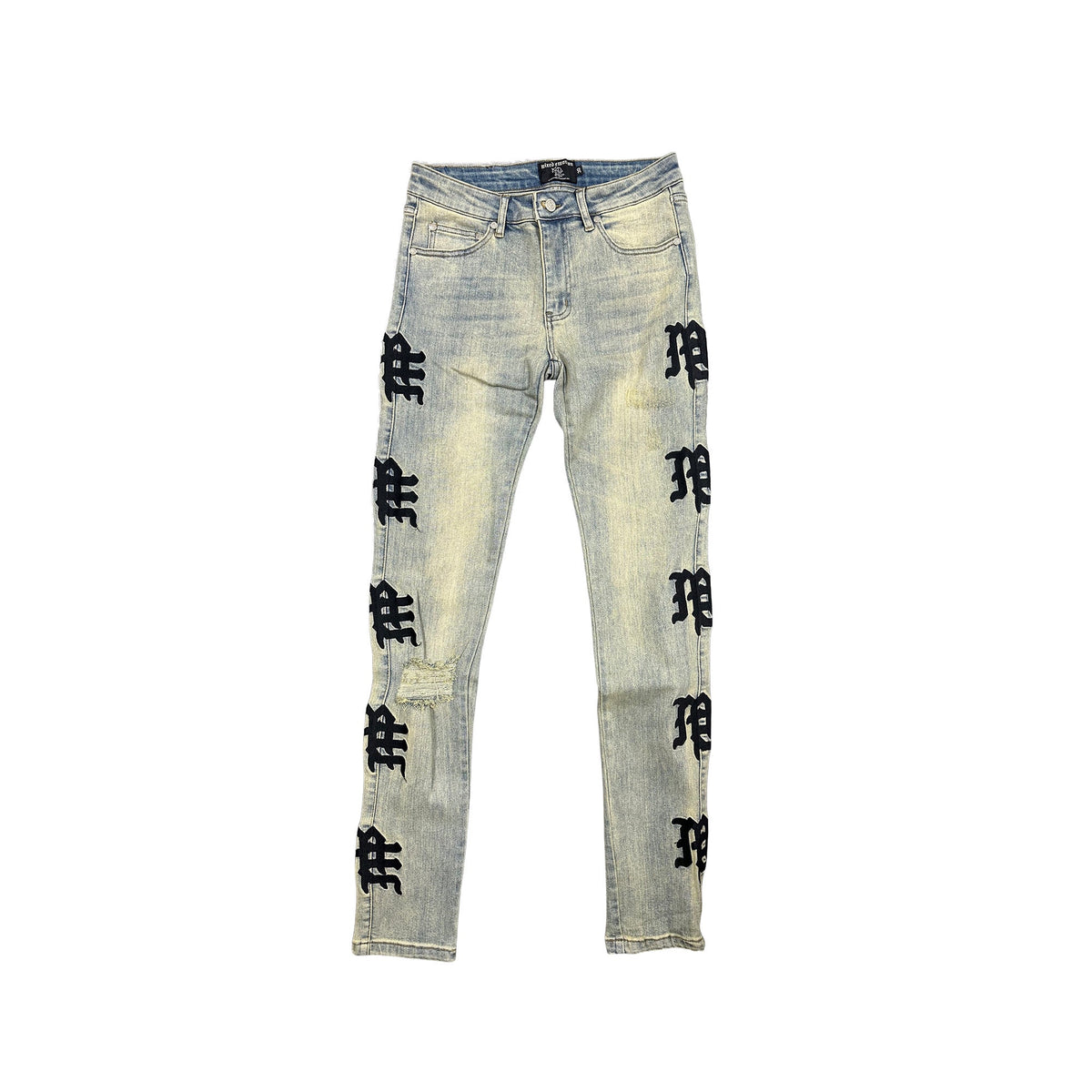 Y2K Street Style Yellow Washed Graphic Straight‑Fit Distressed Denim Pants