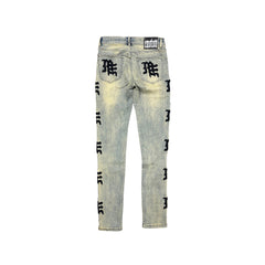 Y2K Street Style Yellow Washed Graphic Straight‑Fit Distressed Denim Pants