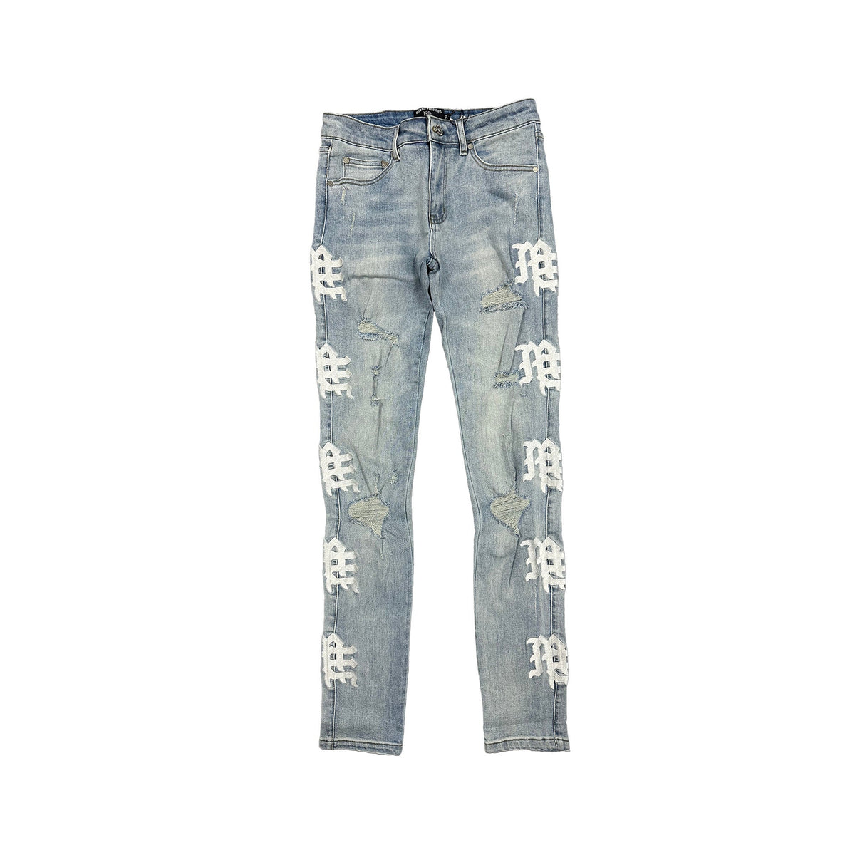 Vintage Distressed Graphic Print Straight‑Leg Denim Jeans Men Streetwear Light Wash Denim Pants