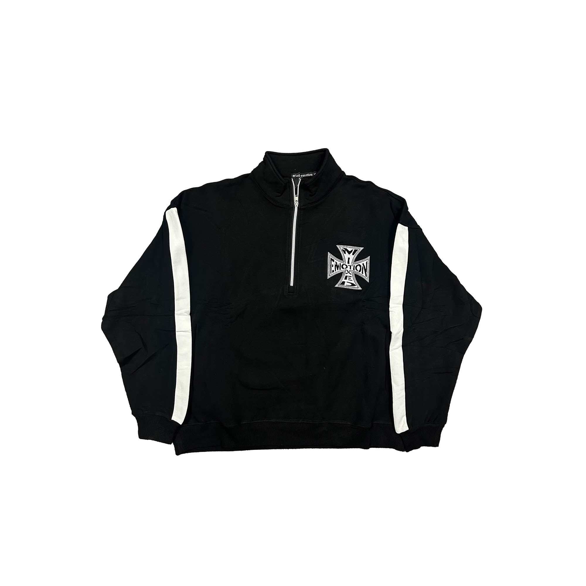 Retro Cross Print Quarter‑Zip Pullover Black Contrast Stripe Boxy Fit Street‑wear Long Sleeve Jacket